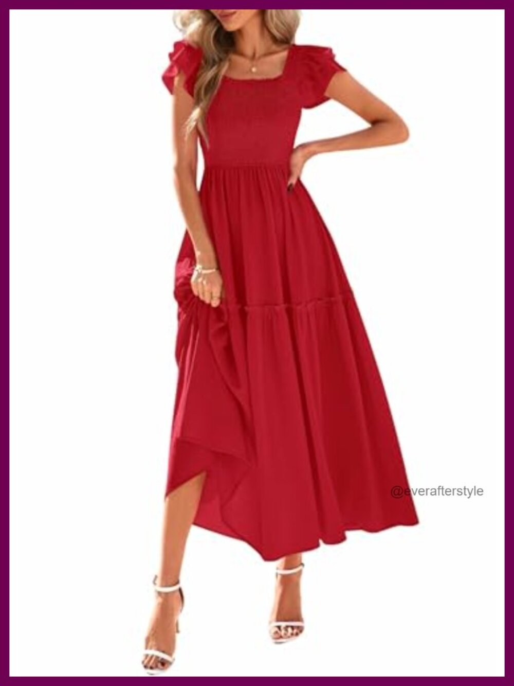 Smocked Midi Dress A-Line Square Neck Ruffle Tiered Summer Casual
